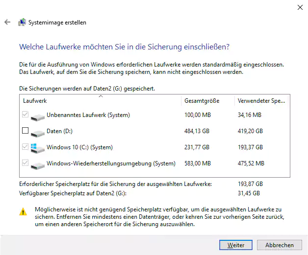 Screenshot: Windows 10 - Laufwerke i die Sicherung einschließen
