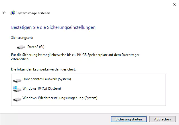 Screenshot: Windows 10 - Sicherung Systemabbild starten