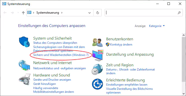 Screenshot: Windows 10 - Sichern und Wiederherstellen (Windows 7)
