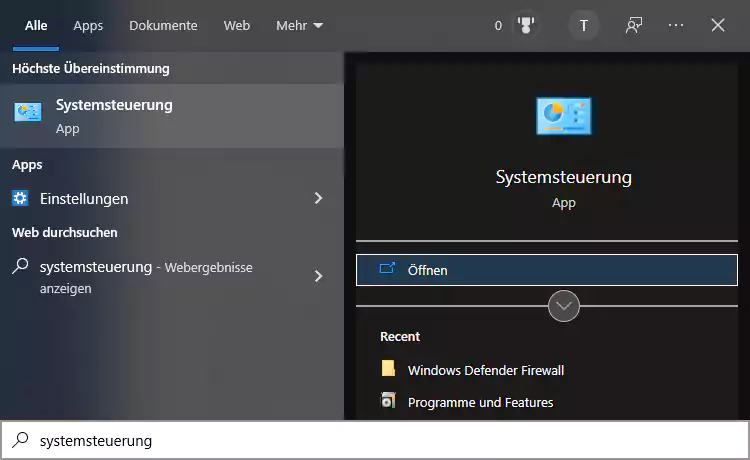 Screenshot: Windows 10 - Systemsteuerung öffnen