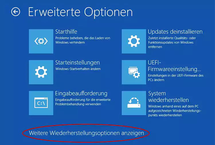 Screenshot: Windows 10 - Erweiterte Autostartoptionen Problembehandlung