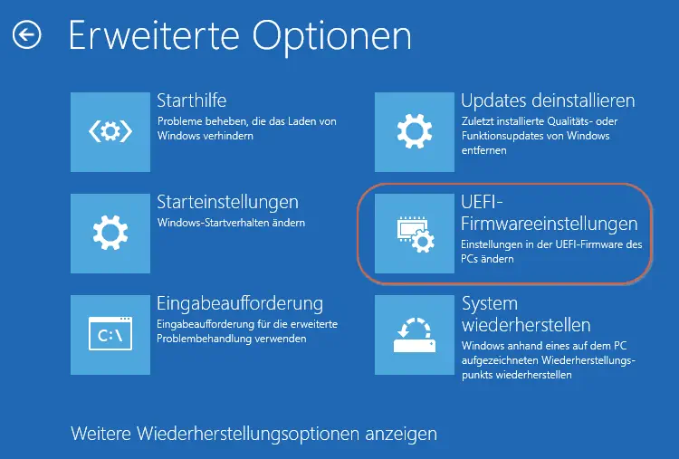 Screenshot: Windows 10 UEFI-Firmwareeinstellungen