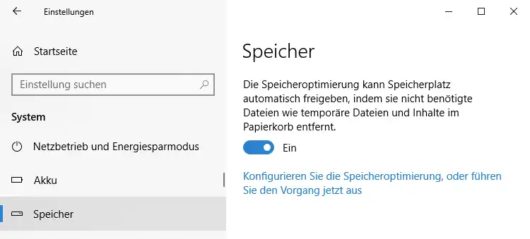 Speicheroptimierung in der Windows 10-Einstellungs-App