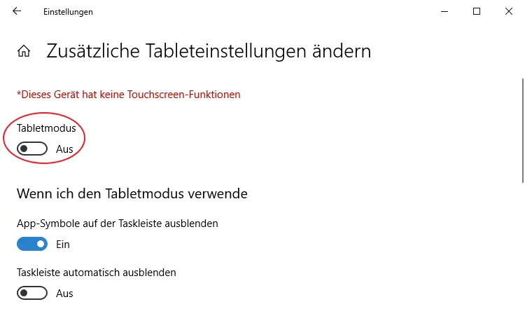Screenshot: Einstellungen Tabletmodus