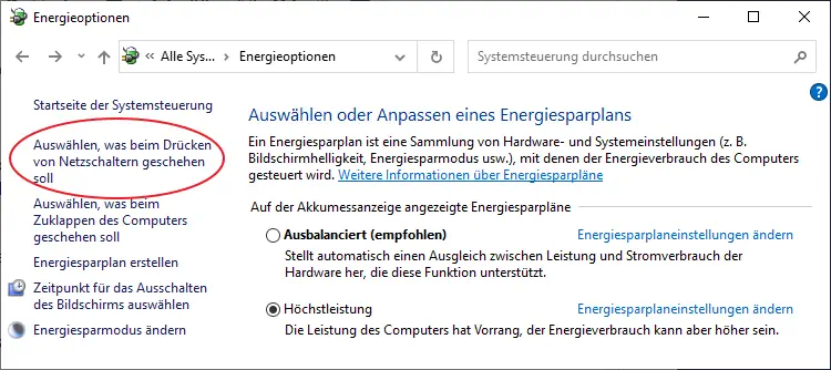 Screenshot: Energieoptionen