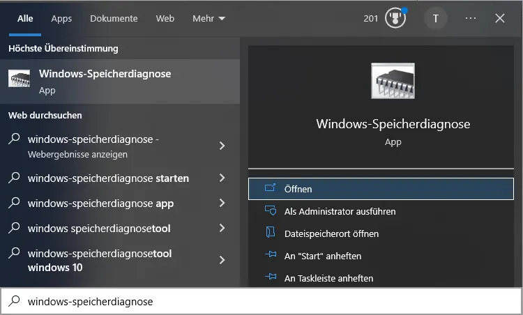 Screenshot: Windows-Speicherdiagnose