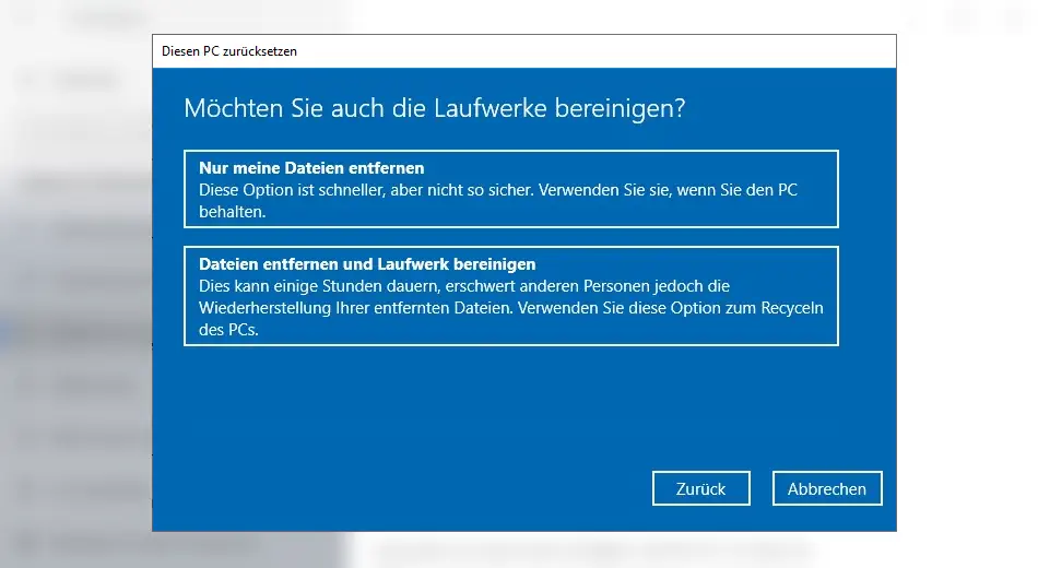 Screenshot: Windows 10 Werksreset