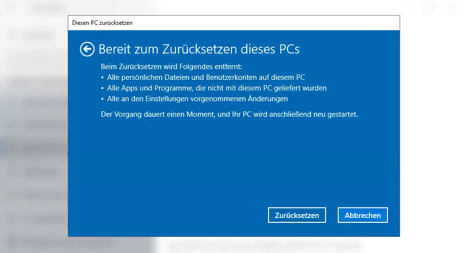 Screenshot: Fenster Bereit zum Zurücksetzen dieses PCs