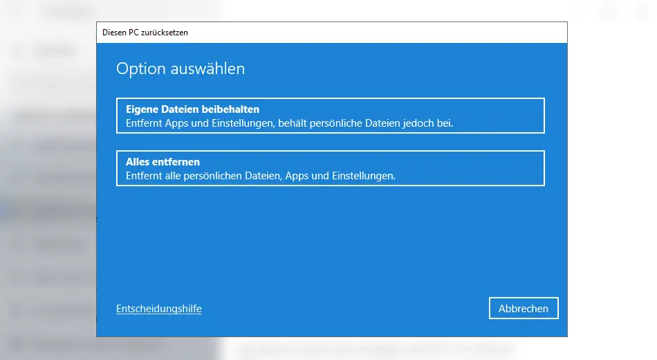 Screenshot: Einstellung Diesen PC zurücksetzen - Optionen