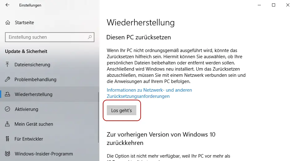 Screenshot: Einstellung Diesen PC zurücksetzen