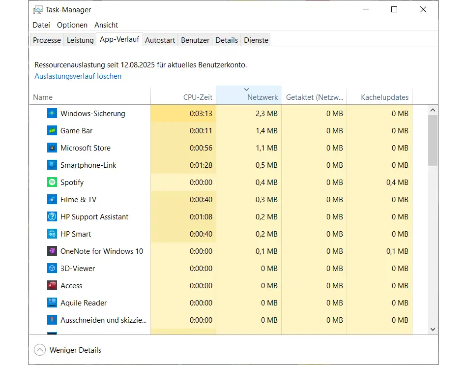 Screenshot: Windows 10 - Taskmanager App-Verlauf