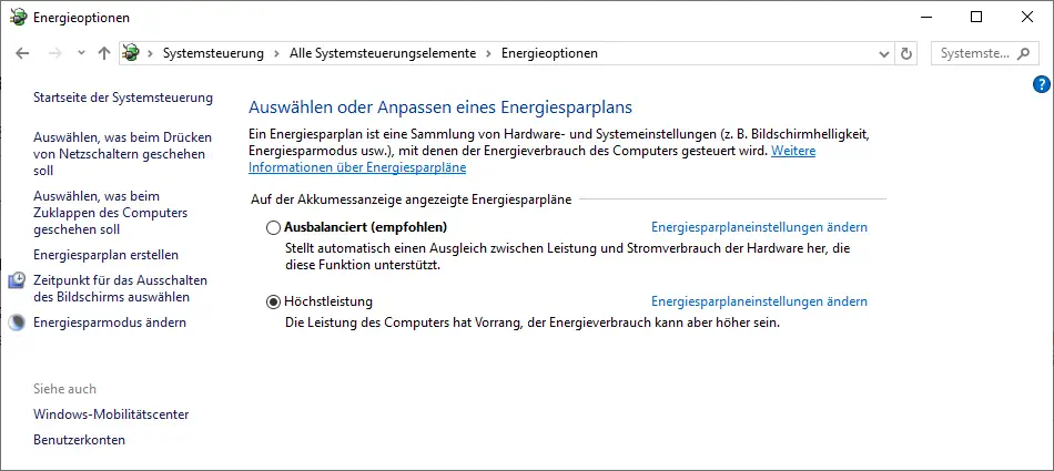 Einstellungen Energiesparplan Screenshot: Einstellungen Energiesparplan