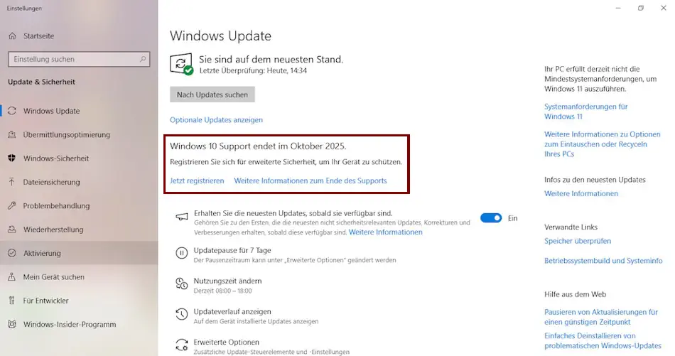 Windows 10 Support verlängern Screenshot: Windows 10 Support verlängern