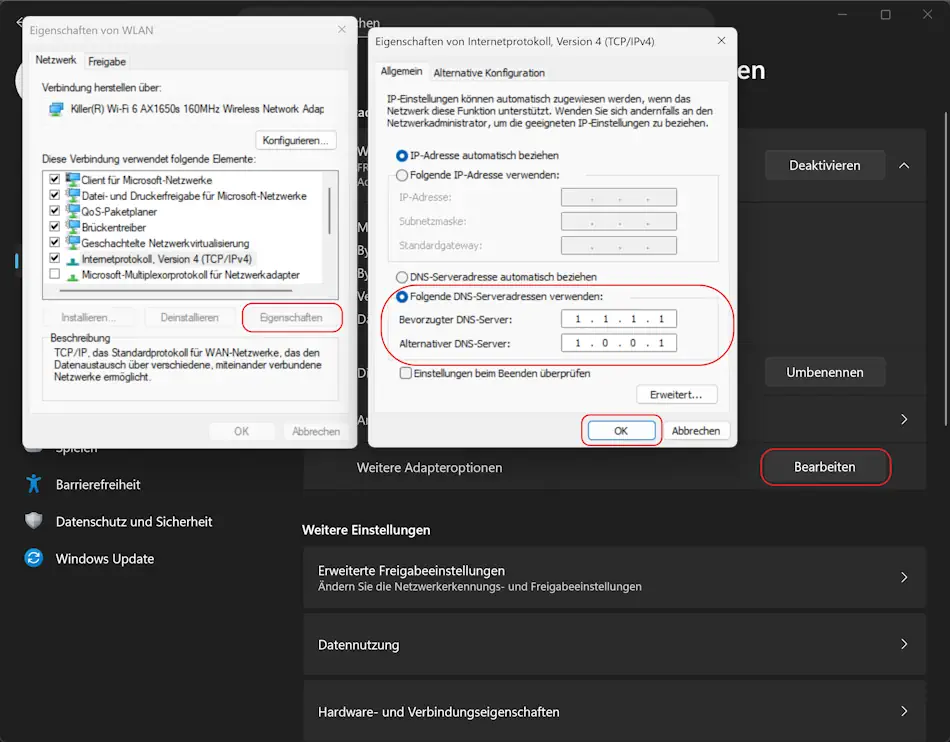 Screenshot: Einstellungen zum DNS-Anbieter wechseln