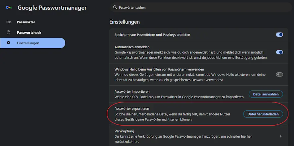 Screenshot: Chrome Passwörter exportieren