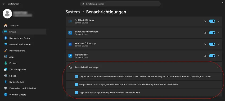 Screenshot: Windows 11 Einstellungen der Benachrichtigungen