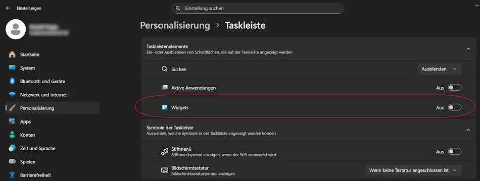 Screenshot: Windows 11 Einstellungen Widgets