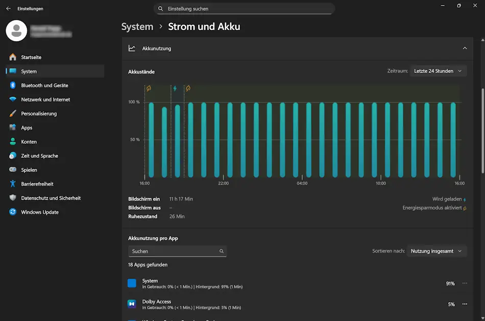 Screenshot: Einstellungen Akkuverbrauch pro App