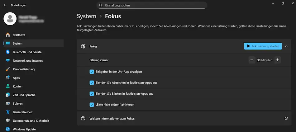 Screenshot: Einstellungen Fokus