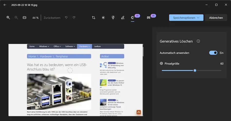 Screenshot: Unerwünschte Objekte aus einem Bild entfernen