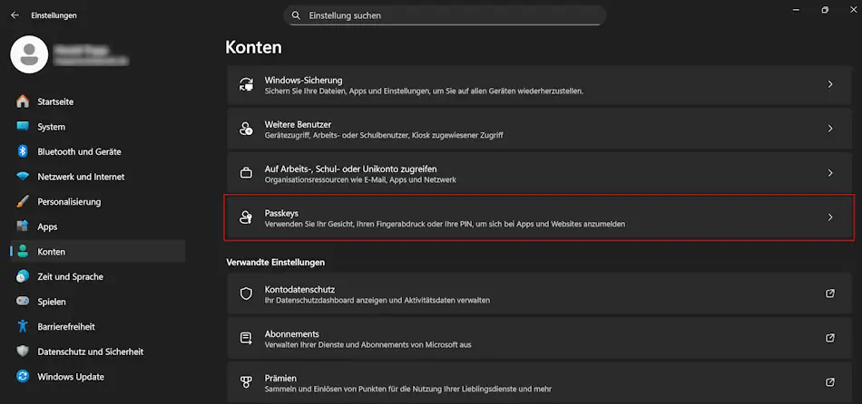 Screenshot: Einstellungen Passkeys