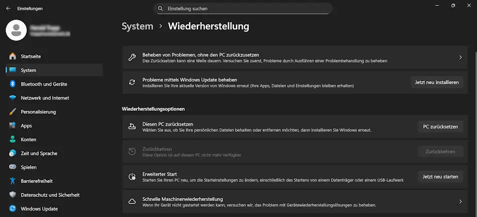 Screenshot: Einstellungen  Wiederherstellung