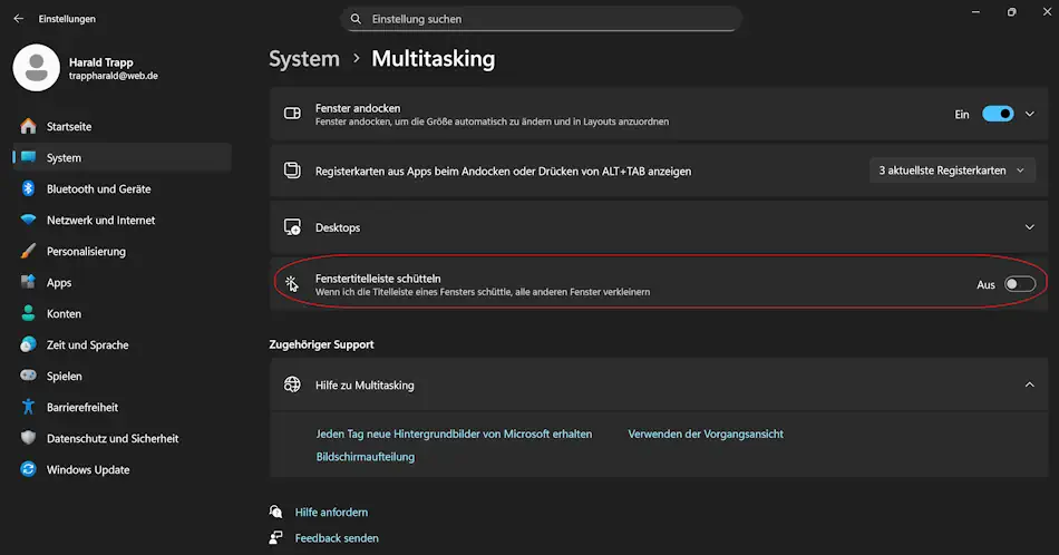 Screenshot: Schütteln Sie die Titelleiste, um alle Apps zu minimieren