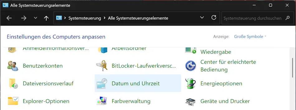 Screenshot: Datum und Uhrzeit in der Systemsteuerung