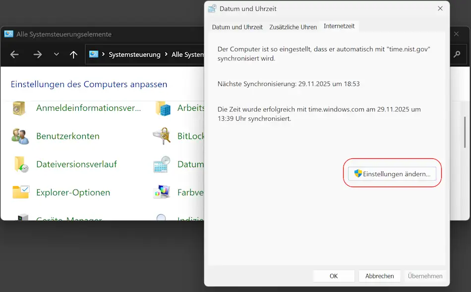 Screenshot: Einstellungen für Datum und Uhrzeit ändern