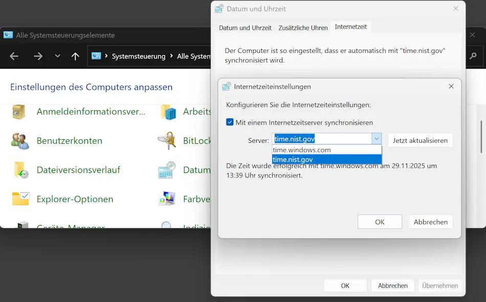 Screenshot: Internetzeiteinstellungen in der Systemsteuerung konfigurieren