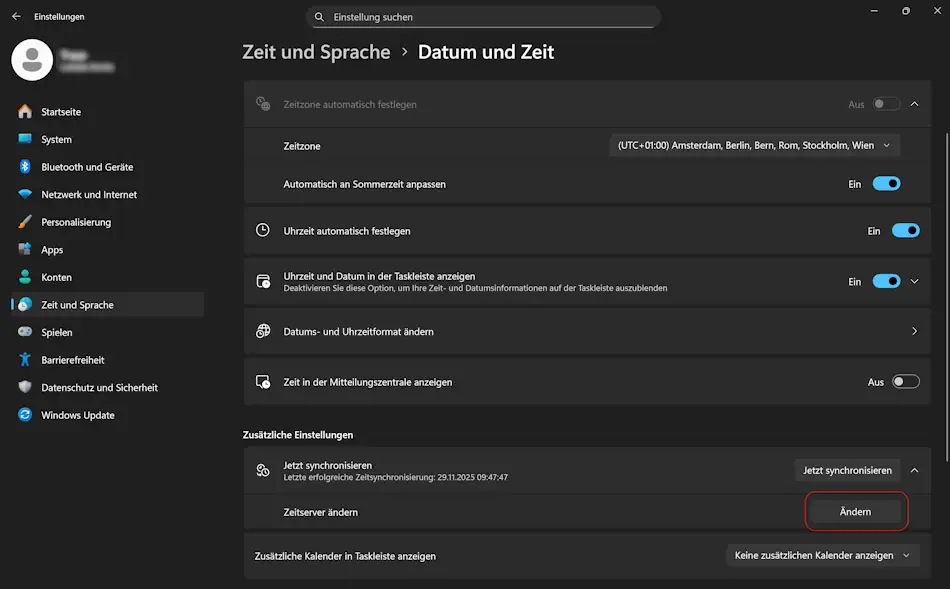 Screenshot: Zeitserver unter Windows 11 ändern