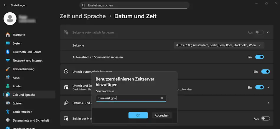 Screenshot: Windows 11 benutzerdefinierten Zeitserver hinzufügen