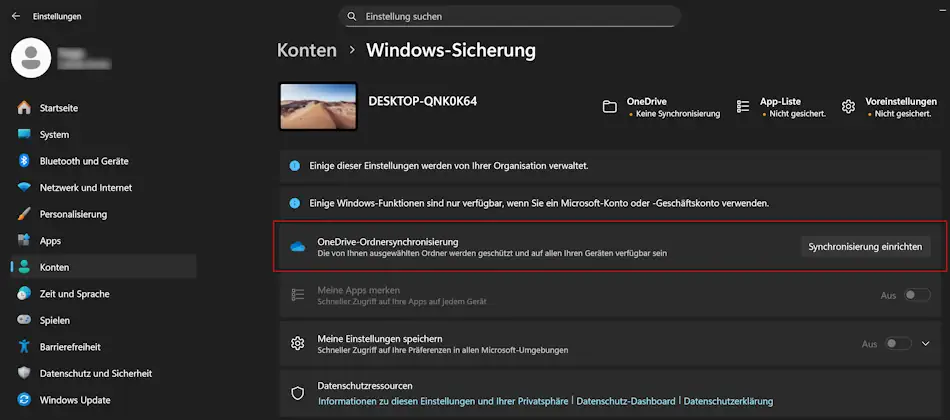 Windows 11 OneDrive Einstellungen Screenshot: Windows 11 OneDrive Einstellungen