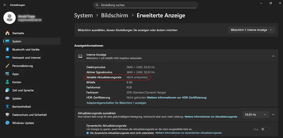 Screenshort: Windows 11 Einstellungen variable Bildwiederholfrequenz