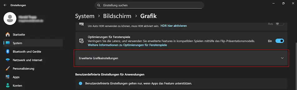Screenshort: Windows 11 Einstellungen variable Bildwiederholfrequenz aktivieren
