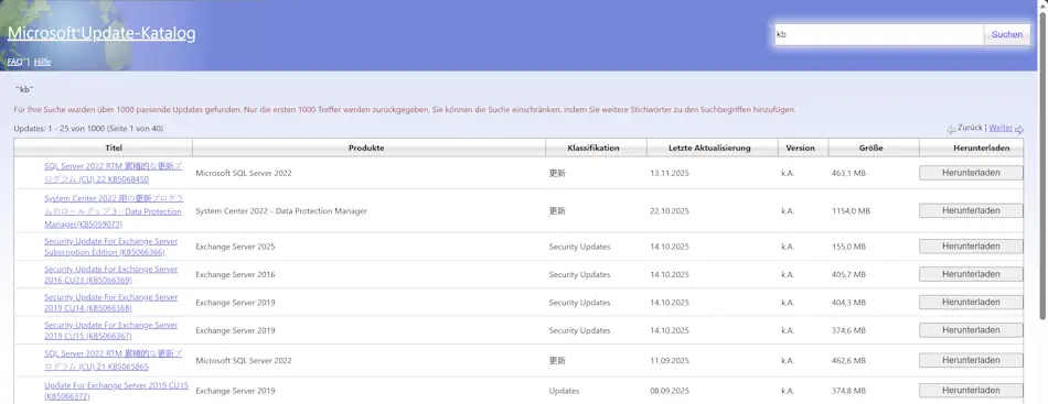 Microsoft Update-Katalog Screenshot: Windows Webseite Update-Katalog