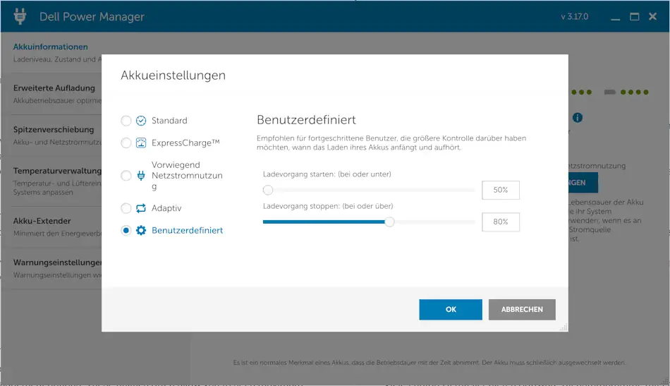 Screenshot: Akkueinstellungen im Dell Power Manager