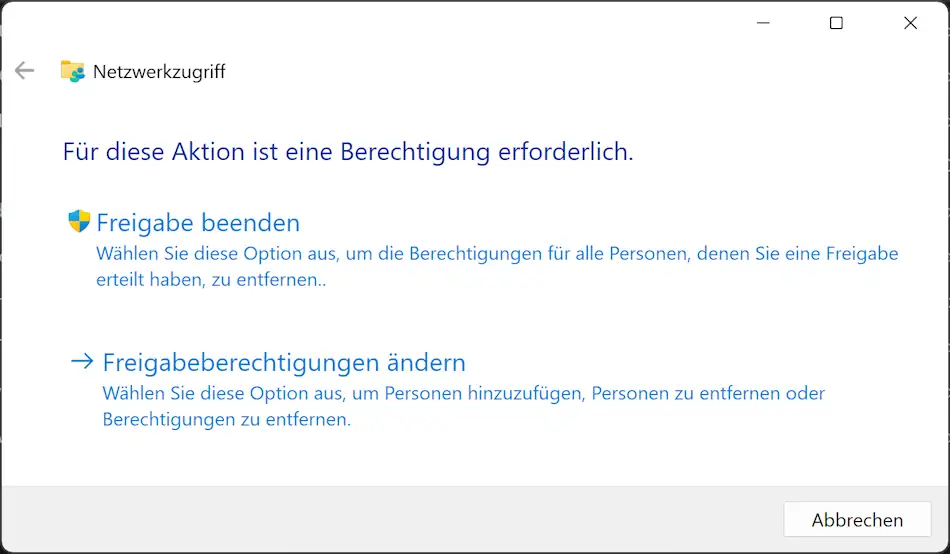 Freigabe von Ordnern beenden Screenshot: Freigabe von Ordnern beenden