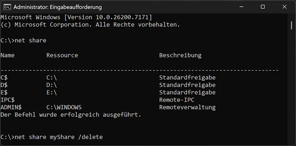 Beenden der Freigabe eines Ordners über die Eingabeaufforderung Screenshot: Beenden der Freigabe eines Ordners über die Eingabeaufforderung