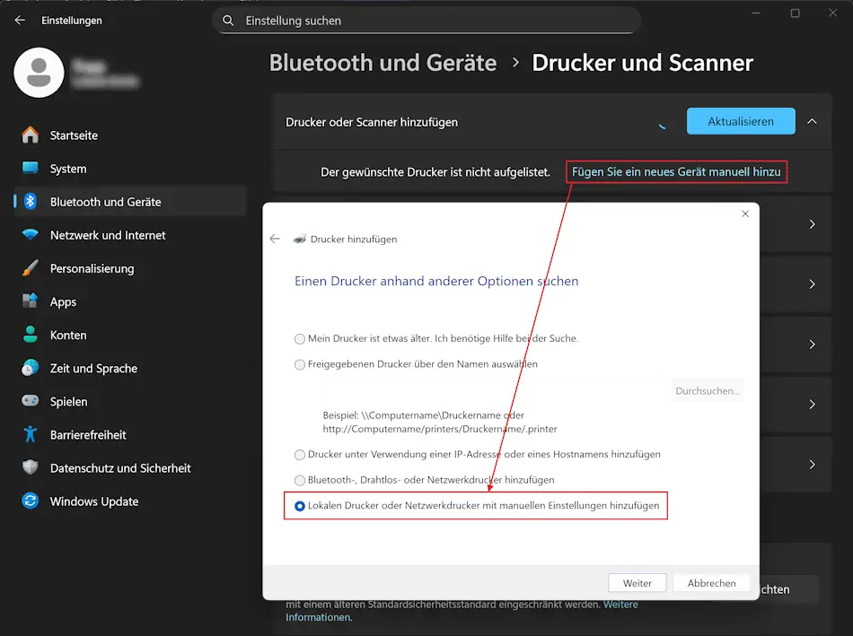 Screenshot: Einstellungen Hinzufügen eines kabelgebundenen (USB-)Druckers