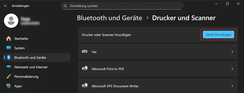 Screenshot: Einstellungen zum Hinzufügen eines kabellosen Druckers