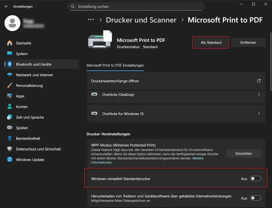 Screenshot: Festlegen eines Standarddruckers