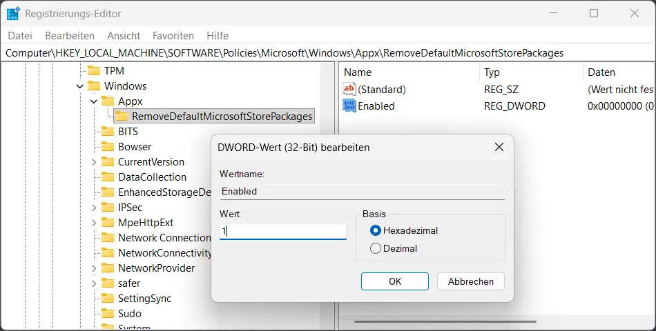 Screenshot: Registrierung Schlüssel 