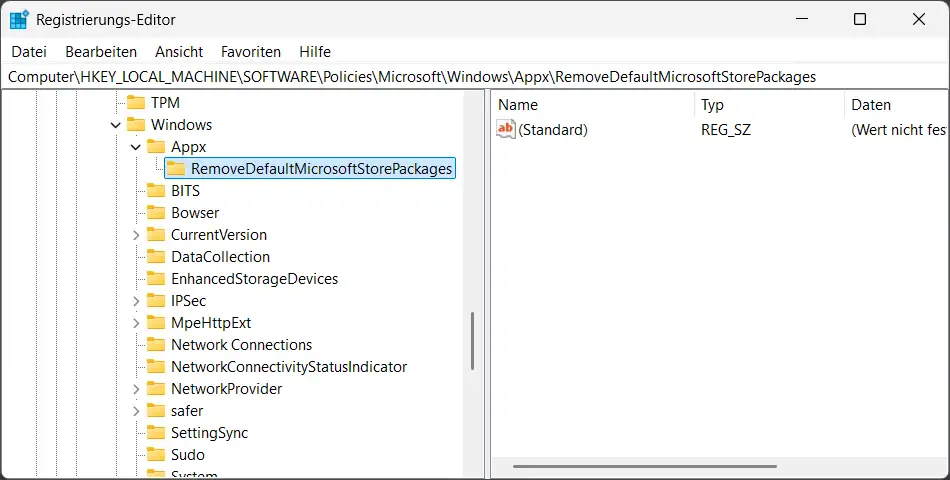 Screenshot: Registrierung RemoveDefaultMicrosoftStorePackages erstellen
