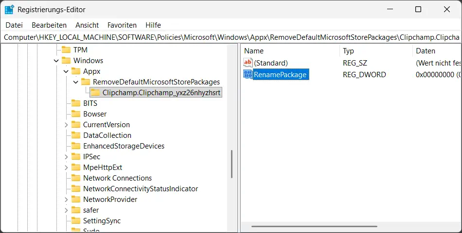 Screenshot: Registrierung erstellen RemovePackage, um Windows 11 zu entrümpeln