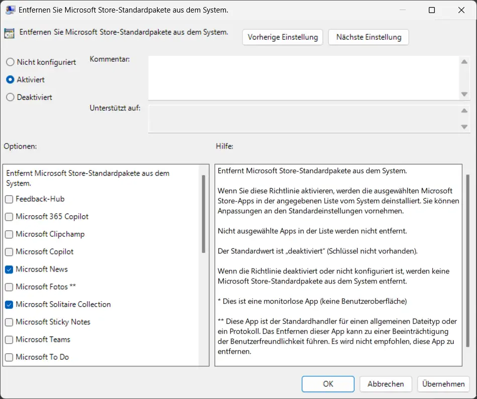 Screenshot: Gruppenrichtlinie zum Entschlacken von Windows 11