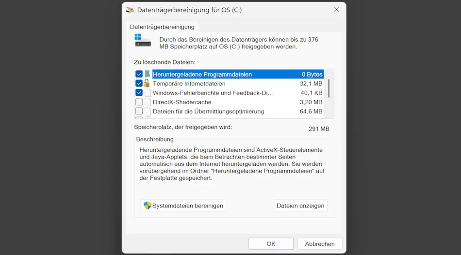 Screenshot: Dienstprogramm Datenträgerbereinigung