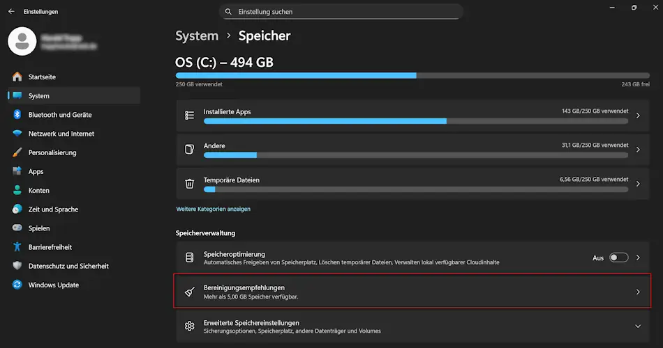 Screenshot: Einstellungen - Bereinigungsempfehlungen