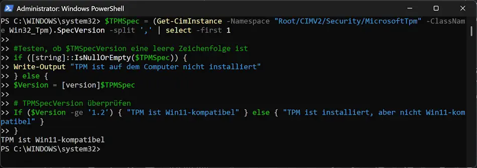 Überprüfen der TPM-Spezifikationsversion Screenshot: Überprüfen der TPM-Spezifikationsversion