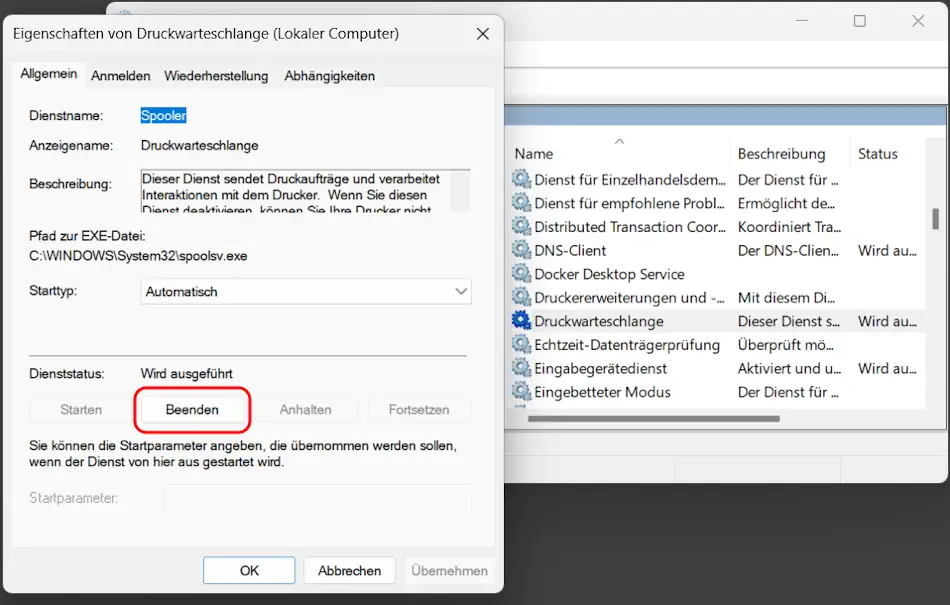 Screenshot: Druckerspooler-Dienst beenden